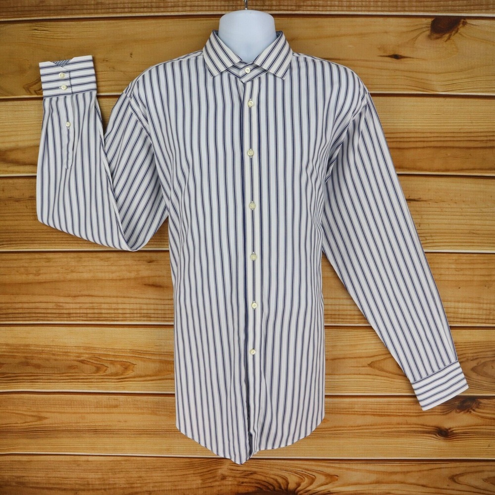 Jack Stone by Thomas Dean Dress Shirt Mens XL White Striped Cotton Spread Collar